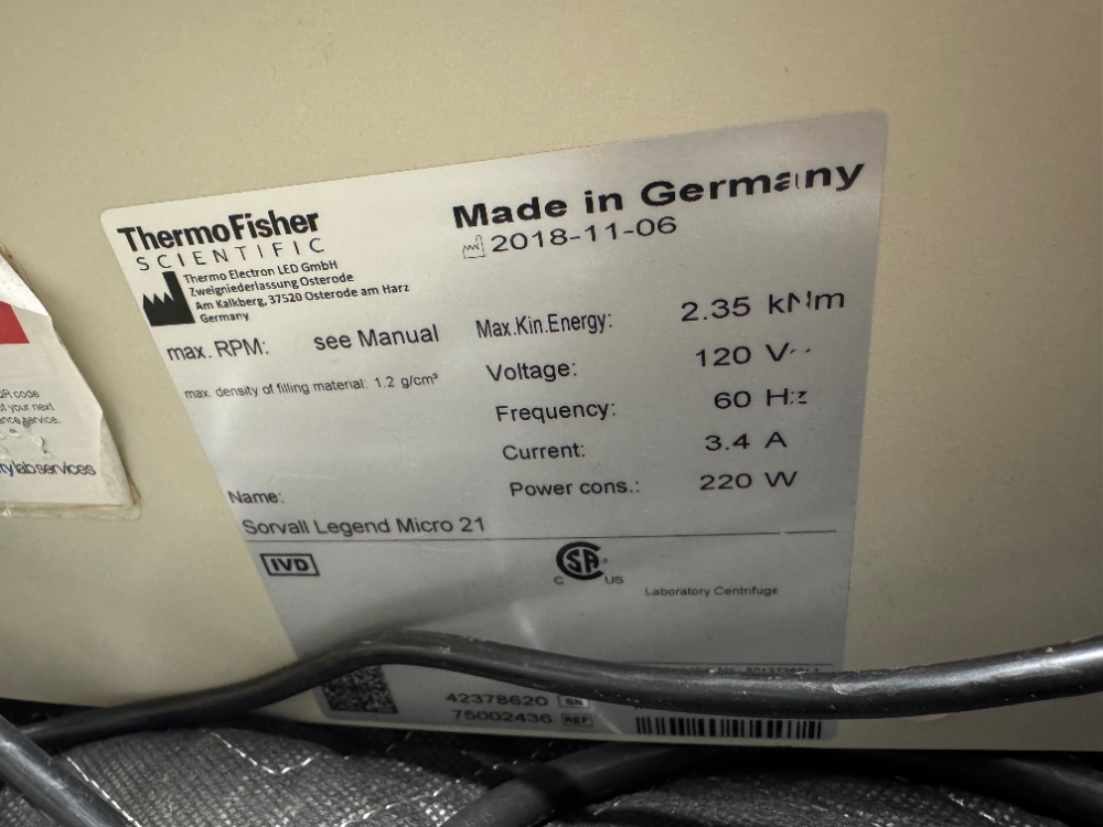 Image of Thermo Sorvall Legend Micro 21 Centrifuge